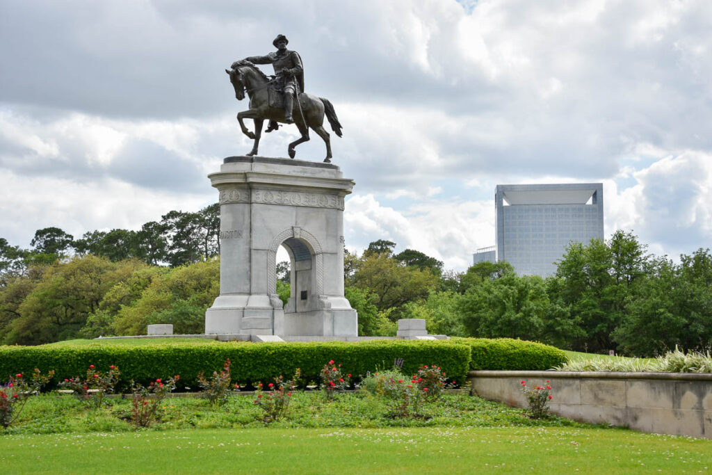 Sam Houston Statue surrounded by greenery in Herrmann Park