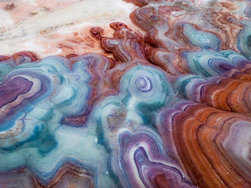 The Bentonite Hills near Hanksville, Utah, provide colorful and unusual geologic patterns in the landscape.