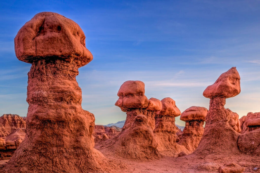 Bright colors come alive during sunset at Goblin Valley State Park, Utah