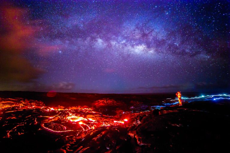 Laval Flow at night in Volcano National Park under the milky way stars