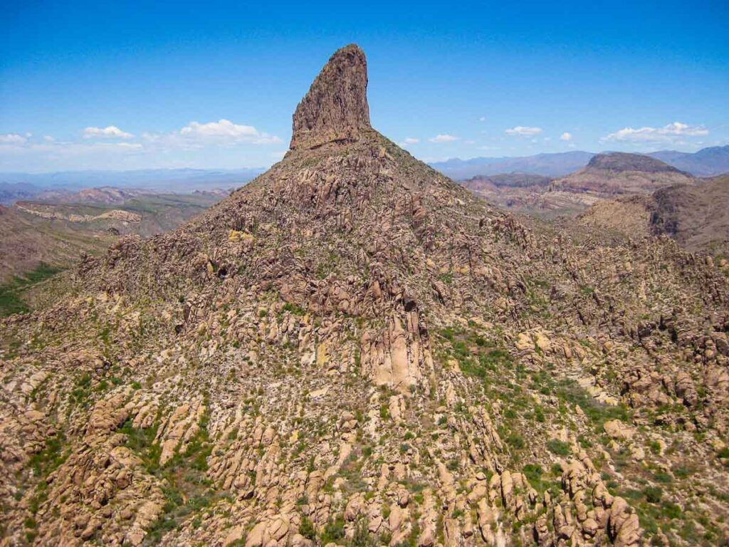 Weavers Needle Rock Formation Superstition Mountains Arizona with surrounding geology.