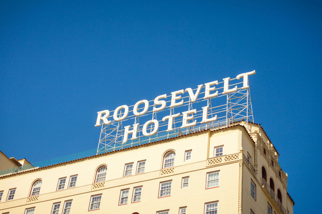 Facade of famous historic Roosevelt Hotel in Hollywood, USA.