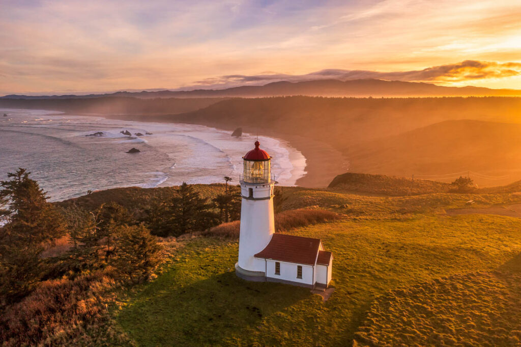 Cape Blanco Lighthouse at the Southern Oregon Coast at sunrise.