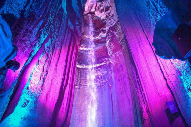 The colorful lights hitting the waterfall in Tennessee, Ruby Falls