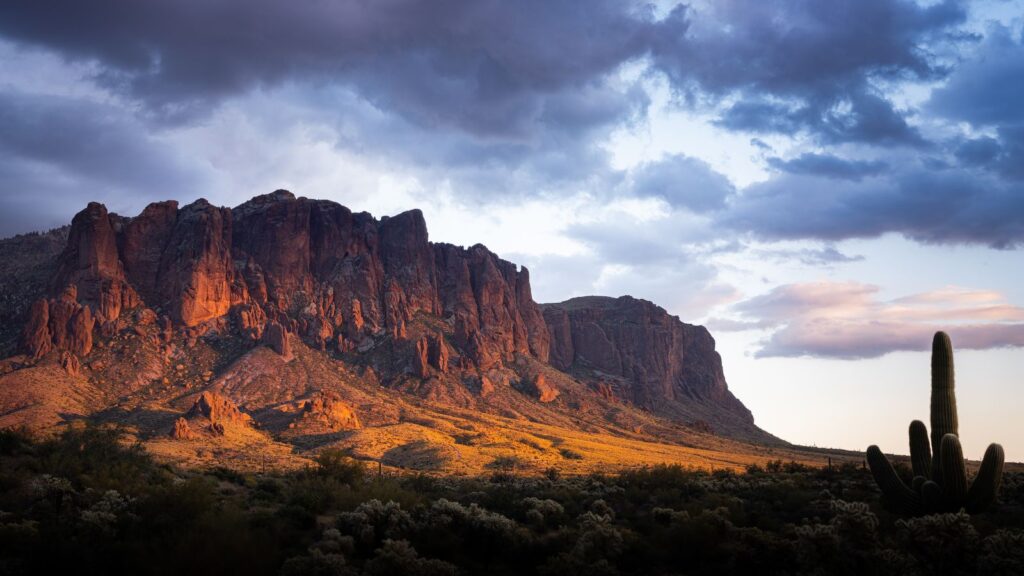 sun rays hitting the  Lost Dutchman State Park Superstition Mountains