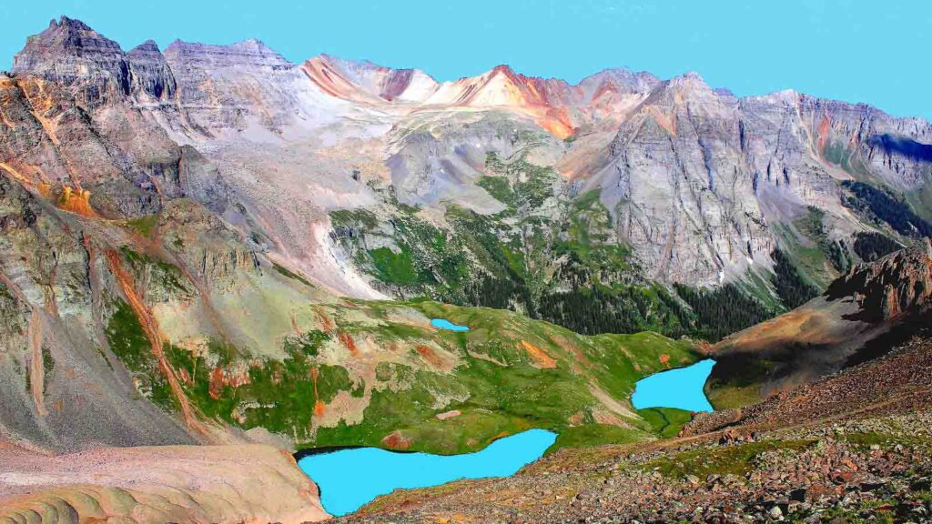 Turquoise lake viewpoint of Lower Blue Lake, on the Colorado Blue Lakes trail, Mt Sneffels wilderness