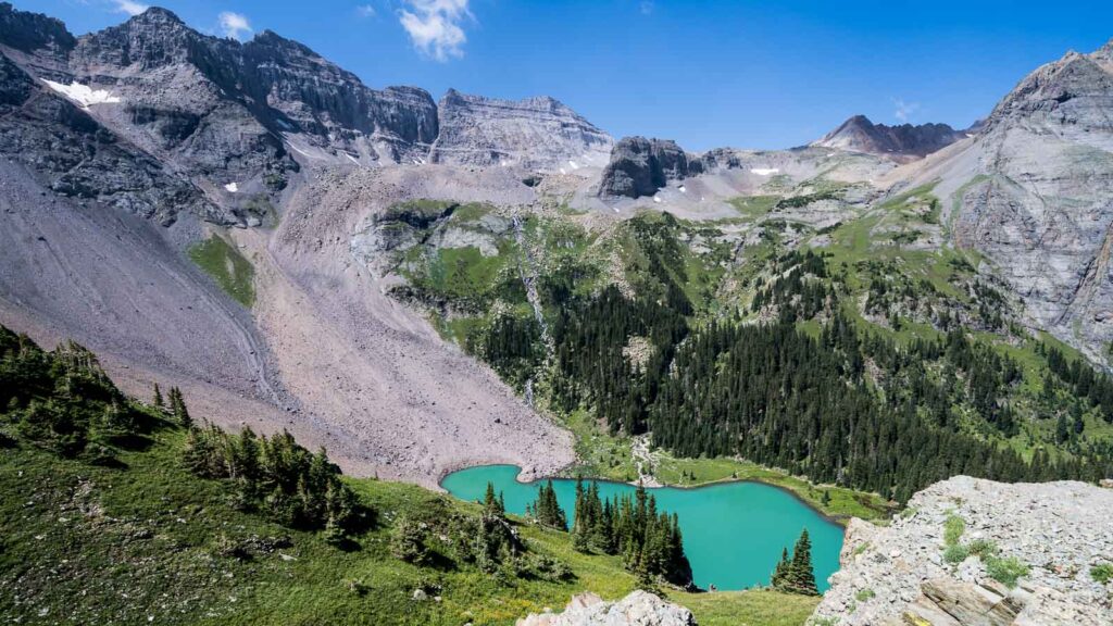 Turquoise lake viewpoint of Lower Blue Lake, on the Colorado Blue Lakes trail, Mt Sneffels wilderness