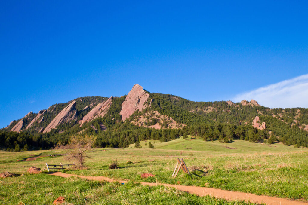 The flatirons from Chautauqua Trailhead on a sunny day