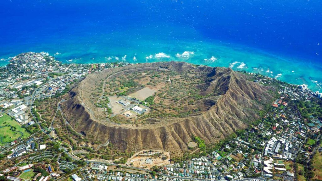 Aerial view of Diamondhead, Kapahulu, Kahala, Pacific ocean on Oahu, Hawaii. April 2016