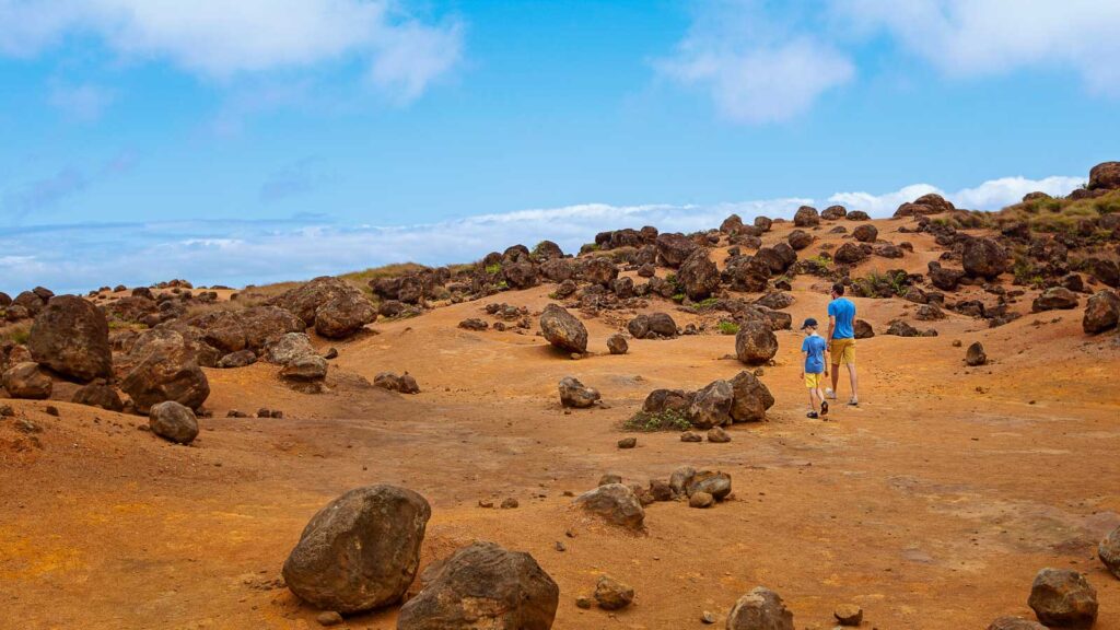 family of two, father and son, hiking in keahiakawelo, beautiful rock garden at lanai island, hawaii, family active vacation concept