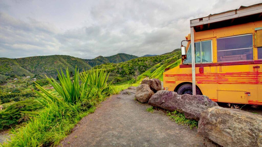 Old yellow school bus. Road to Hana, Maui, Hawaii, USA