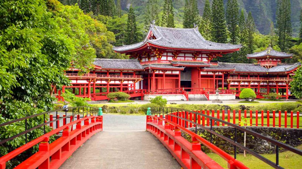 Bridge leading to temple in Valley of the Temples, Oahu