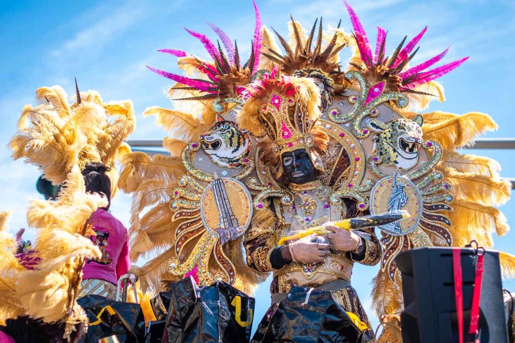 Man in flamboyant costume in Mardi Gras