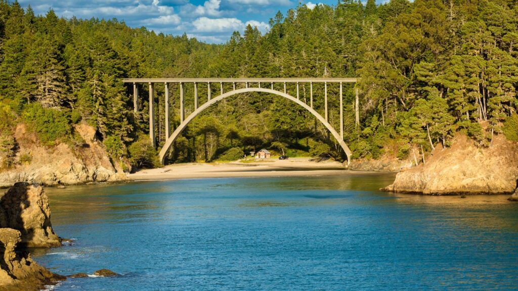 Bridge, cliffs, and redwood forest in Mendocino, California