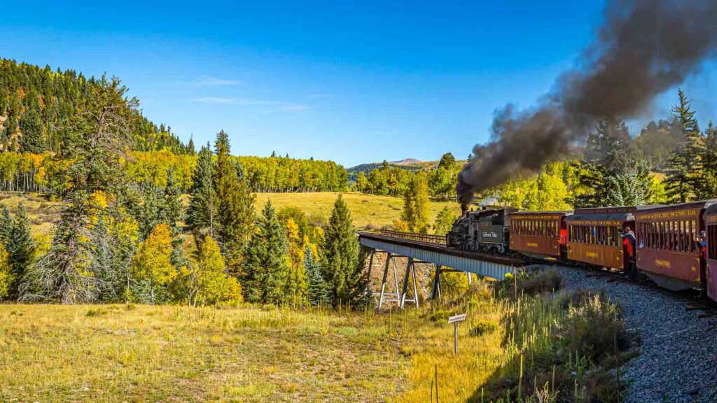 Cumbres and Toltec passenger steam train scenery and views as it makes its way from Chama, New Mexico to Antonito, Colorado.