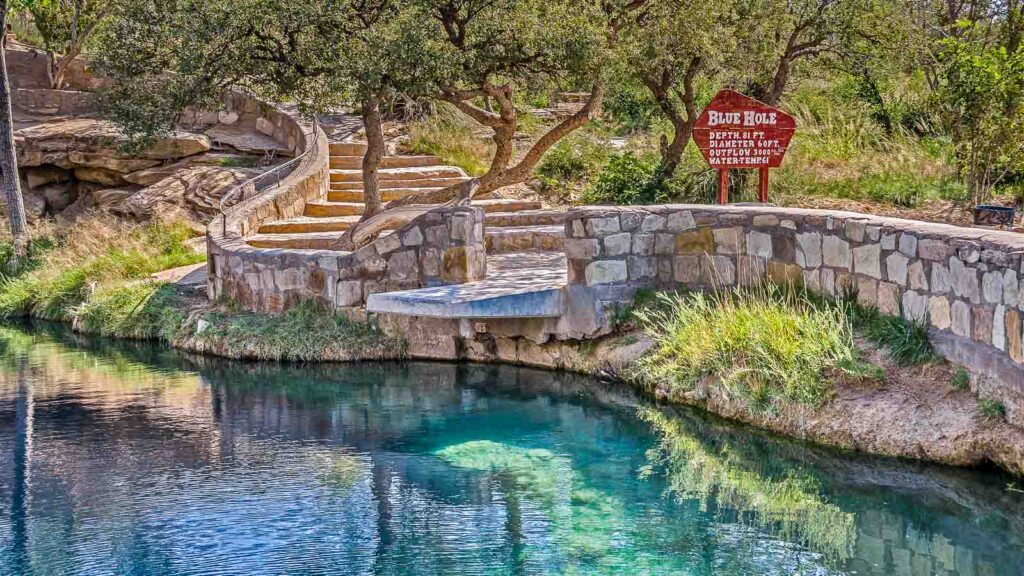 Curving steps leading to a diving platform at Blue Hole near Route 66 in Santa Rosa, New Mexico