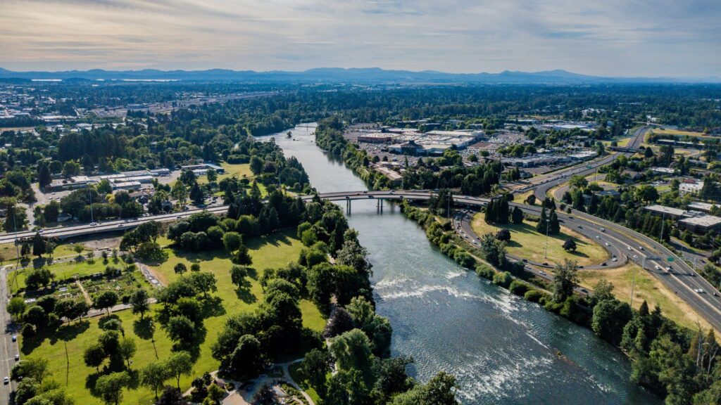 Oregon, Eugene River Landscape Willamette Aerial View