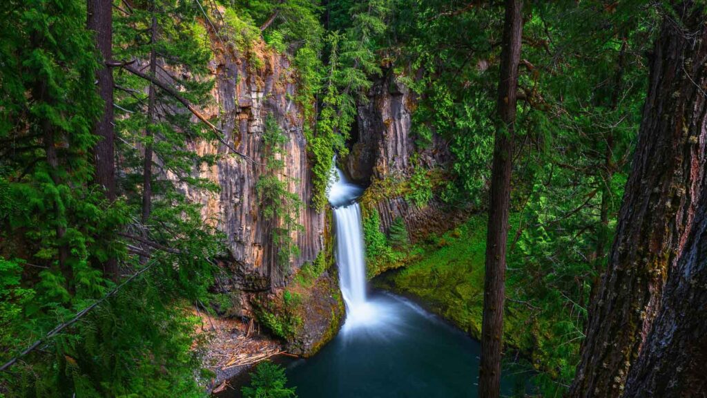 Aerial view of Toketee Falls in Clearwater, Oregon: a stunning waterfall cascading into an emerald pool, surrounded by lush vegetation and striking rocky cliffs. Perfect for ecotourism, travel, and nature-inspired projects.