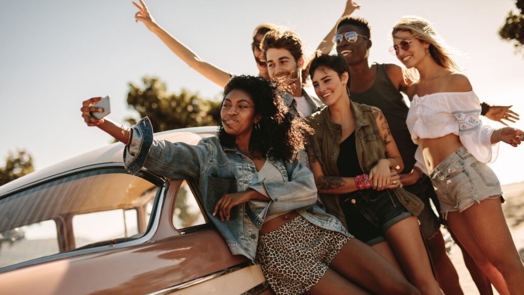 group of friends taking selfie