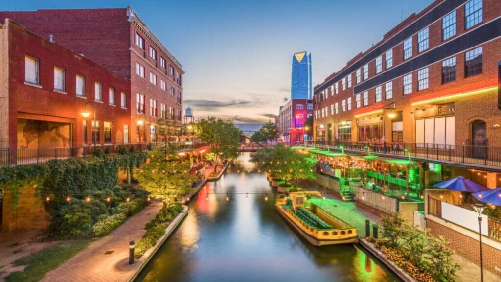 Oklahoma City, Oklahoma, USA cityscape in Bricktown at dusk.