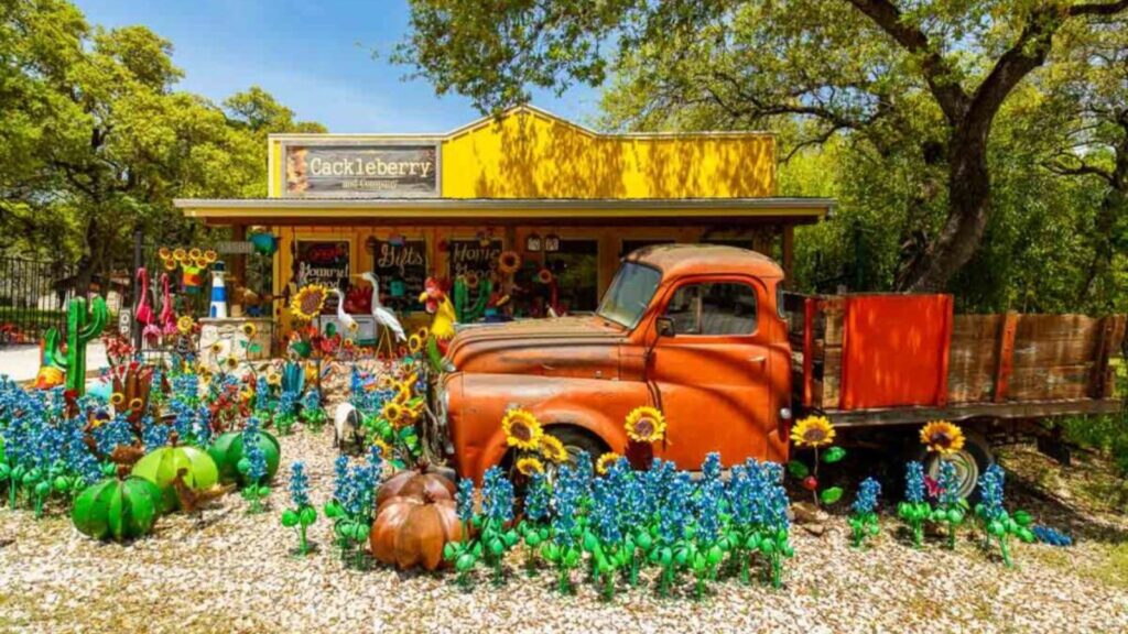 Colorful shop with artwork on display in the small Texas Hill Country town of Wimberley.