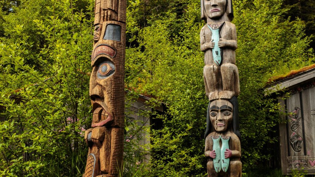 Two Native American totems in Heritage Center, Ketchikan