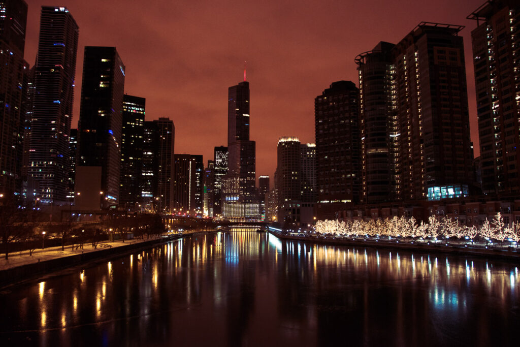 The Chicago Skyline at night along the river