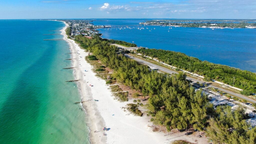 Florida, Aerial view of Anna Maria Island beaches and blue water