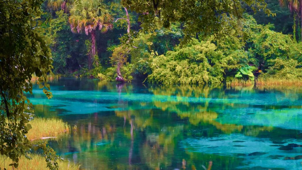 Turquoise waters of the fresh water springs of Florida during a rain storm
