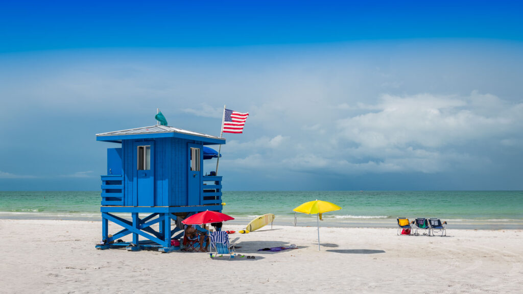 Life guard house on the white beaches of Florida, Siesta Key Beach