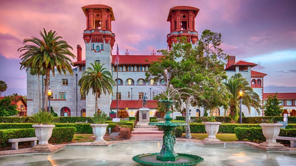 Spanish style buildings and fountain in Florida, St. Augustine,