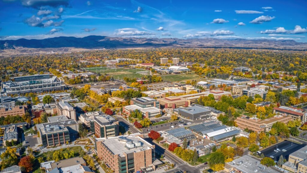 Aerial View of a large Univeristy in Fort Collins, Colorado during Autumn