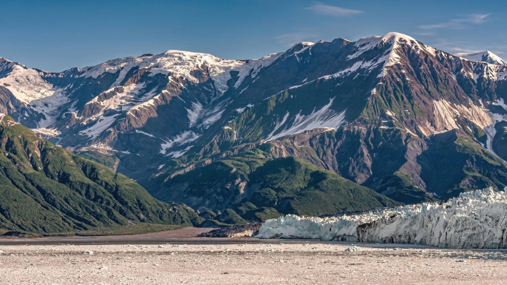 Floating ice in field and Hubbard Glacier, Disenchantment Bay, Alaska, USA