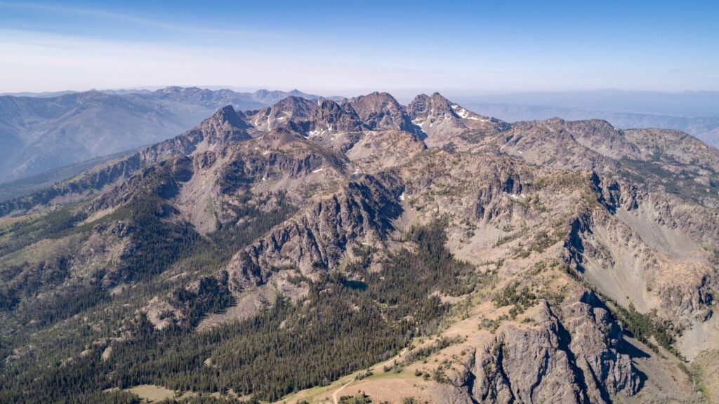 Aerial view of the Seven Devils mountain range in summer