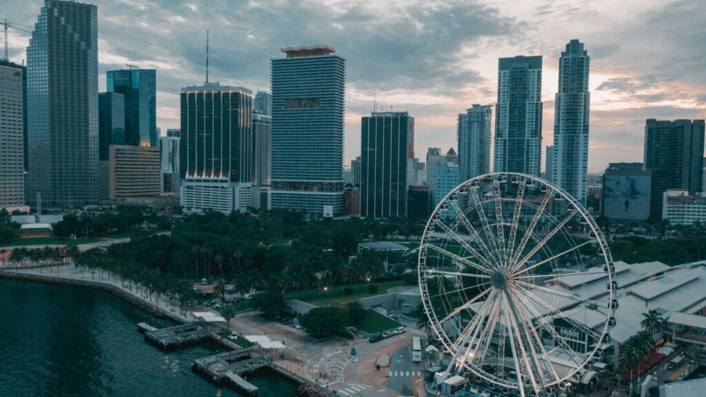 Aerial Photography of High Rise Buildings and Ferris Wheel in Miami, Florida