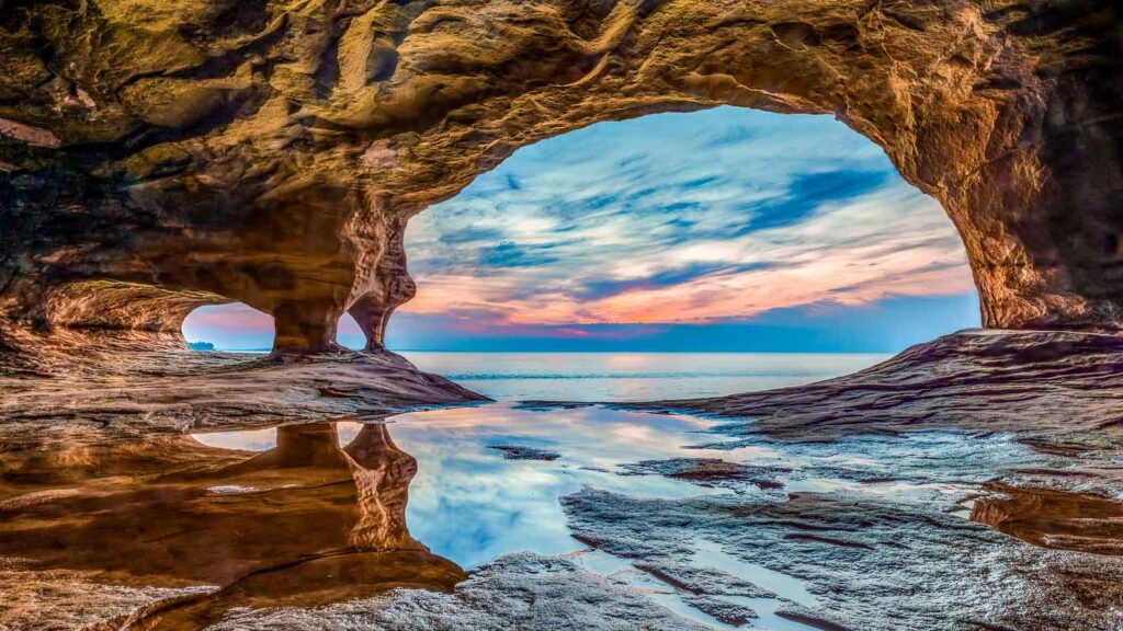 Michigan, the Sea Caves on the Great Lakes at Sunset