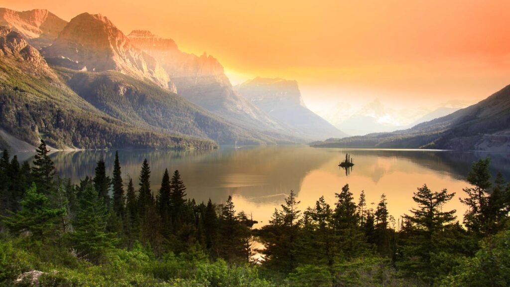 Montana, St Mary Lake Glacier National Park during sunset