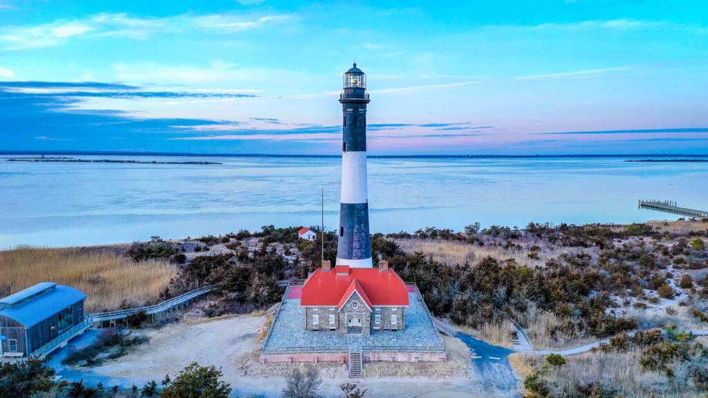 The Fire Island Lighthouse at sunset on Long Island, New York.