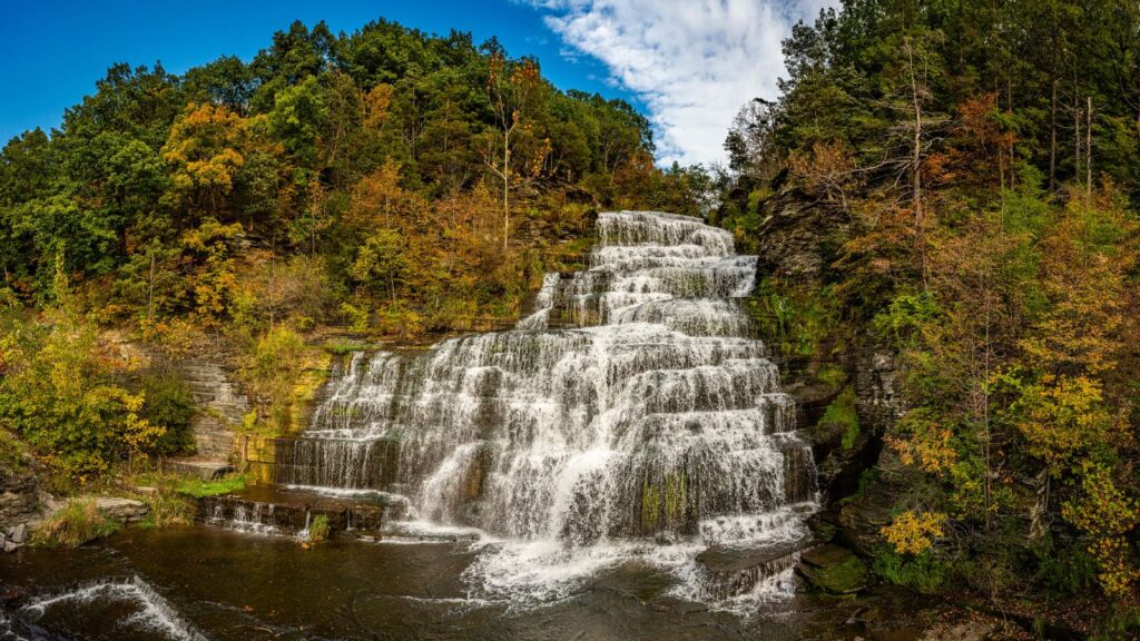 New York, Hector Falls Finger Lakes during the autumn season leaves color changing