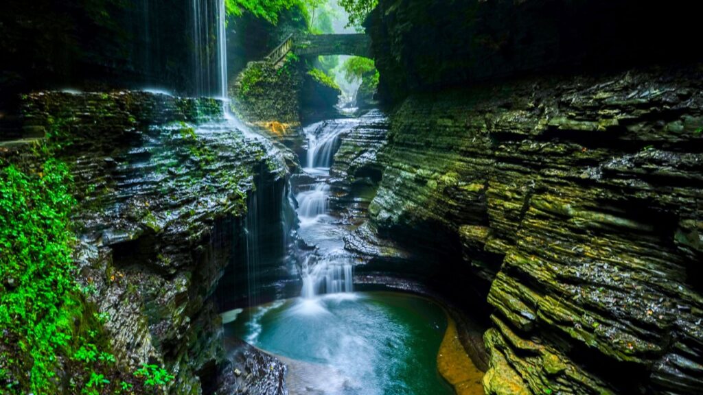 The waterfall and bridge in New York, Watkins Glen State Park, Canva