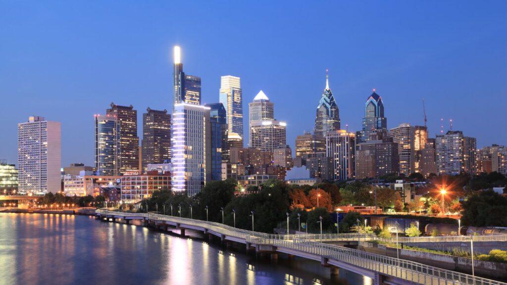 Philadelphia, PA skyline and city lights