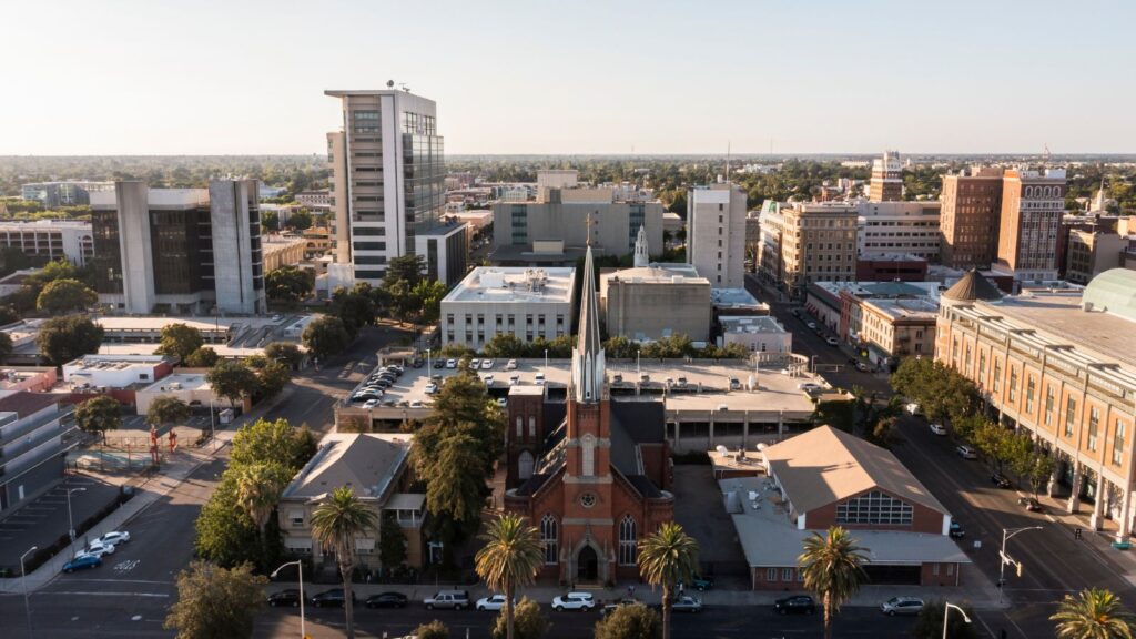 aerial downtown view of Stockton, california