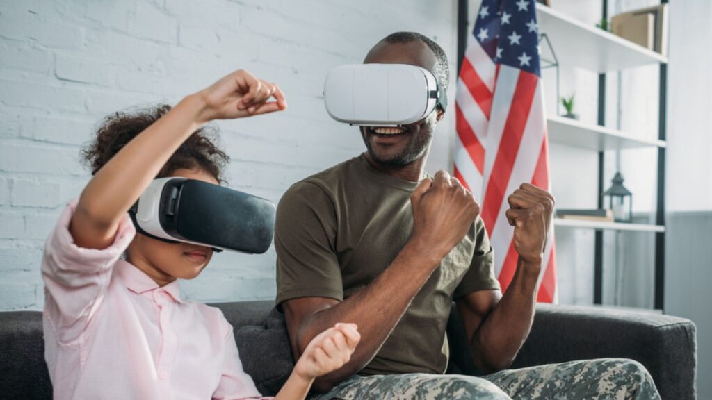 father and daughter playing virtual reality game