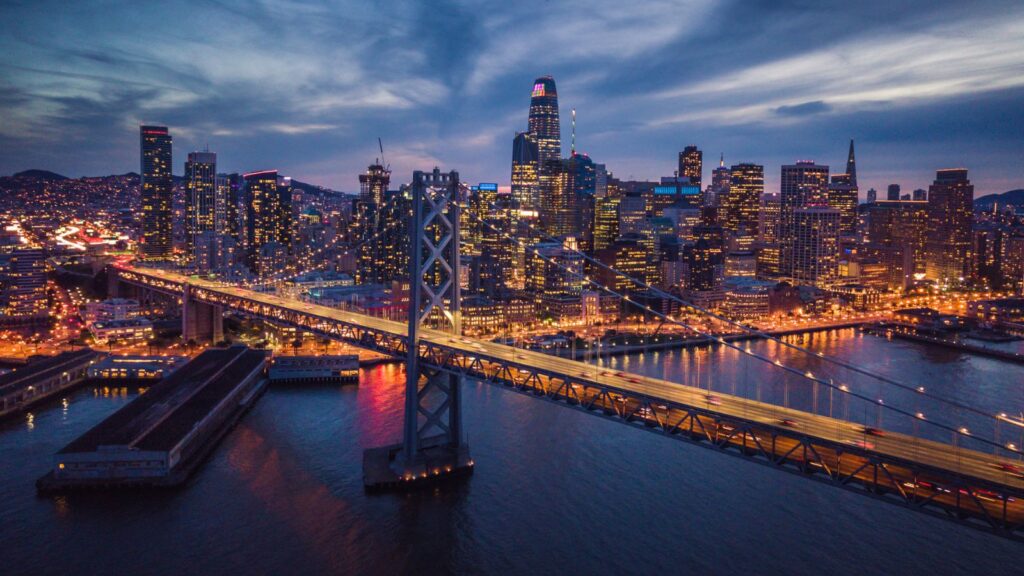 California, Aerial Cityscape view of San Francisco and the Bay Bridge at Night