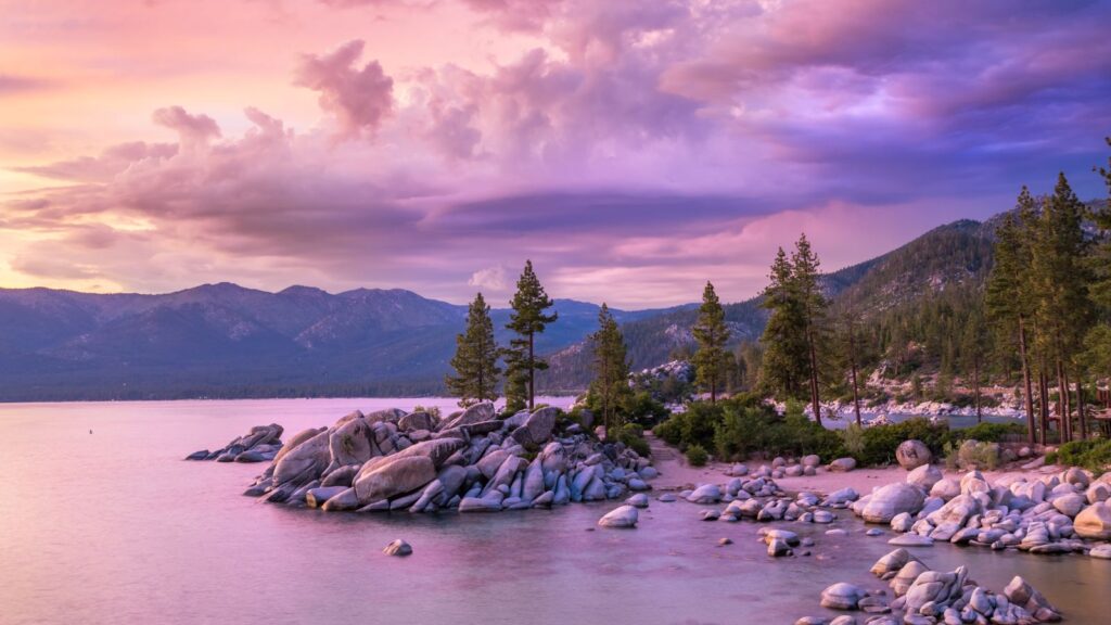 California, Lake Tahoe purple sunset