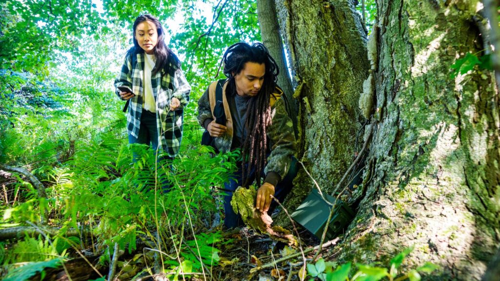 Geocaching. A millennial couple out geocaching in the woods