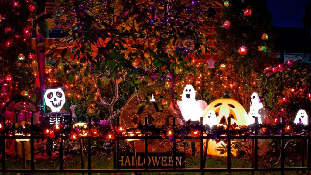 Halloween Decorations on lawn at night