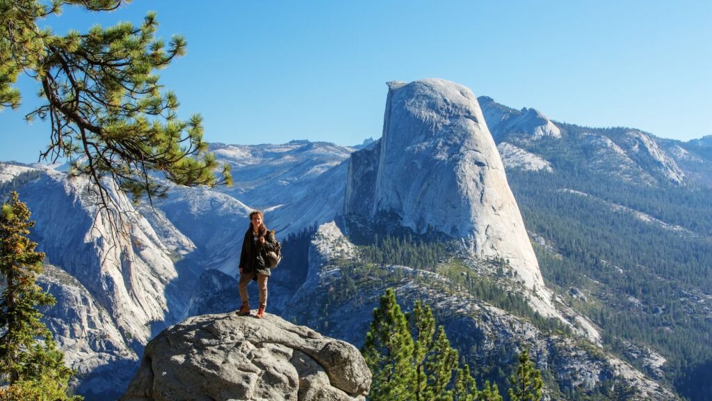 Happy hiker visit Yosemite national park in California