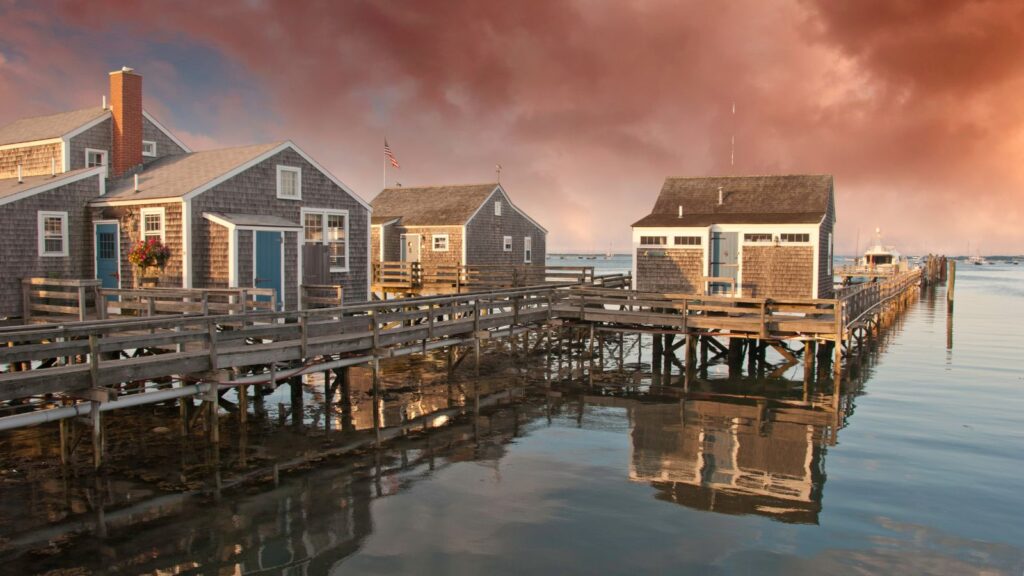 Massachusetts, Homes over Water in Nantucket at Sunset