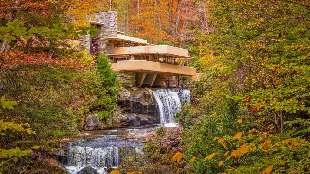 Fallingwater over Bear Run waterfall in the Laurel Highlands of the Allegheny Mountains.